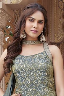 Picture of  Dazzling Grey Silk Designer Palazzo Suit for Engagement and Reception