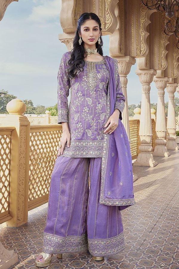 Picture of  Mesmerizing Lavender Silk Designer Palazzo Suit for Engagement and Reception