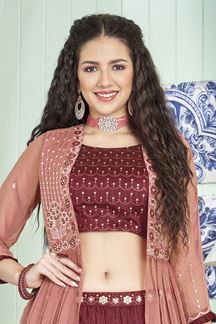 Picture of GlamorousMaroon Designer Indo-Western Lehenga Choli for Festivals, Sangeet, and Reception