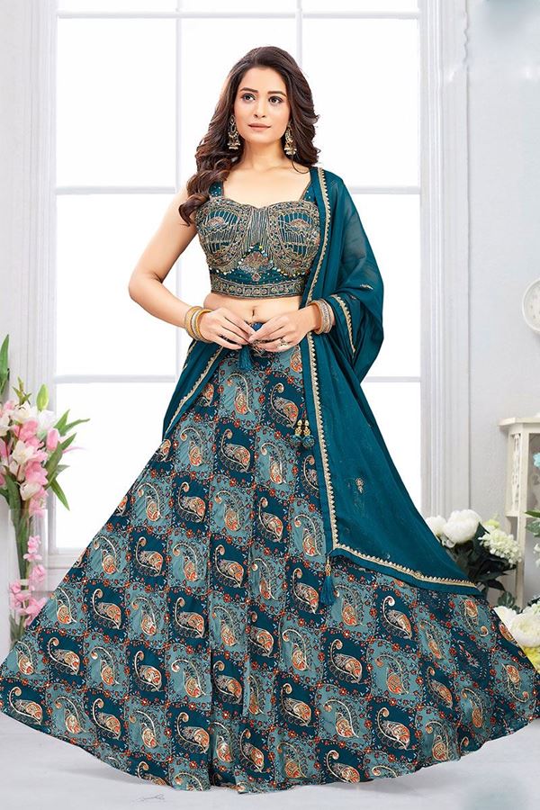 Picture of Mesmerizing Teal Designer Indo-Western Lehenga Choli for Engagement, Reception, Festivals, and Party