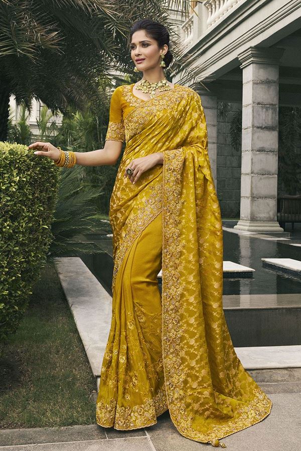 Picture of Attractive Pure Viscose Tissue Jacquard Designer Saree for Haldi, Party, and Reception