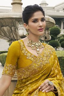 Picture of Attractive Pure Viscose Tissue Jacquard Designer Saree for Haldi, Party, and Reception