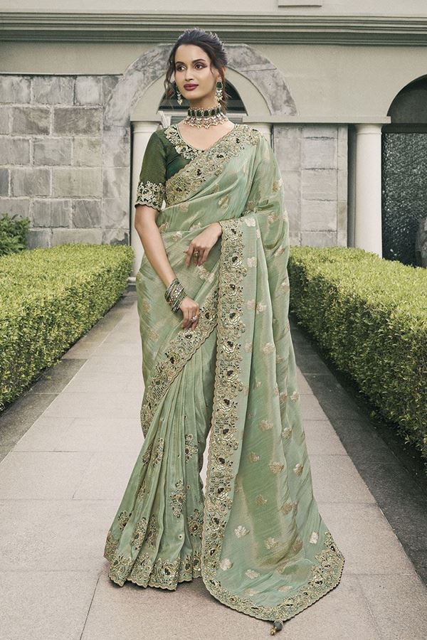 Picture of Beautiful Pure Viscose Tissue Jacquard Designer Saree for Mehendi, Engagement, Party, and Reception