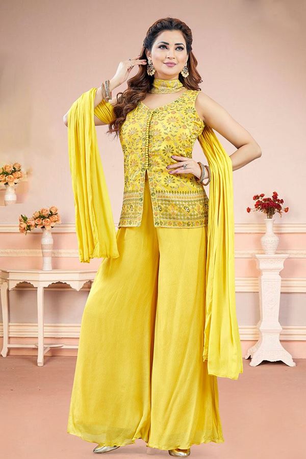 Picture of  Fascinating Yellow Designer Palazzo Suit for Haldi, Party, and Festivals