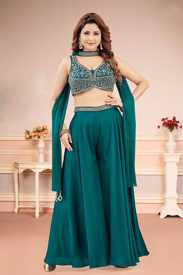 Picture of  Dazzling Teal Designer Palazzo Suit for Engagement, Sangeet, Wedding, Reception, Party, and Festivals