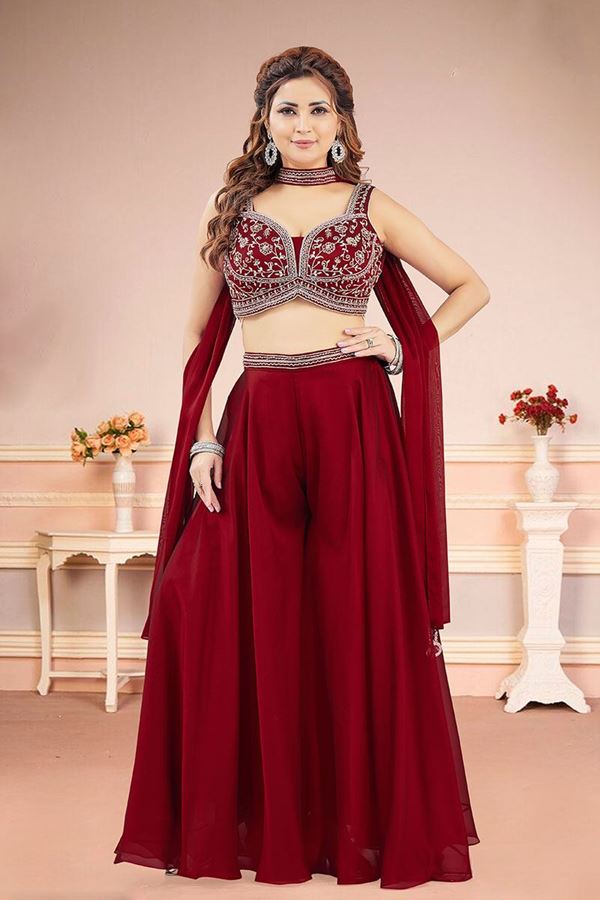 Picture of  Striking Maroon Designer Palazzo Suit for Wedding, Reception, Party and Festivals