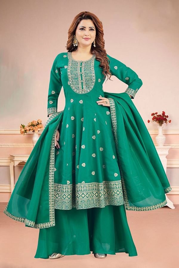 Picture of  Vibrant Green Dola Silk Designer Anarkali Suit for Mehendi, Sangeet, Party, and Festivals