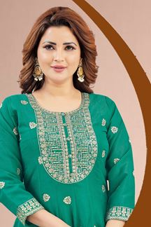 Picture of  Vibrant Green Dola Silk Designer Anarkali Suit for Mehendi, Sangeet, Party, and Festivals