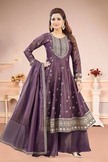 Picture of  Flawless Wine Dola Silk Designer Anarkali Suit for Engagement, Sangeet, Wedding, Reception, Party and Festivals
