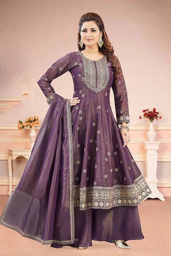 Picture of  Flawless Wine Dola Silk Designer Anarkali Suit for Engagement, Sangeet, Wedding, Reception, Party and Festivals