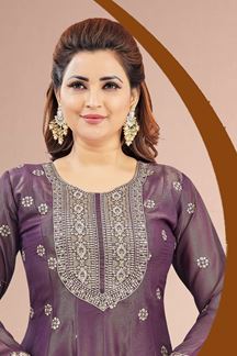 Picture of  Flawless Wine Dola Silk Designer Anarkali Suit for Engagement, Sangeet, Wedding, Reception, Party and Festivals