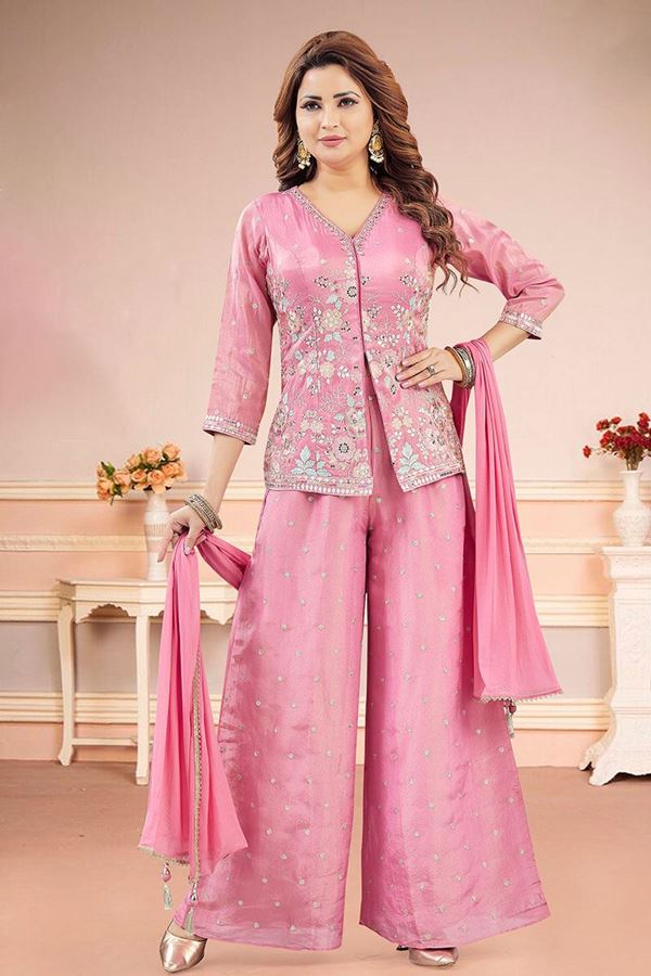 Picture of  Enticing Pink Designer Palazzo Suit for Engagement, Sangeet, Party, and Festivals