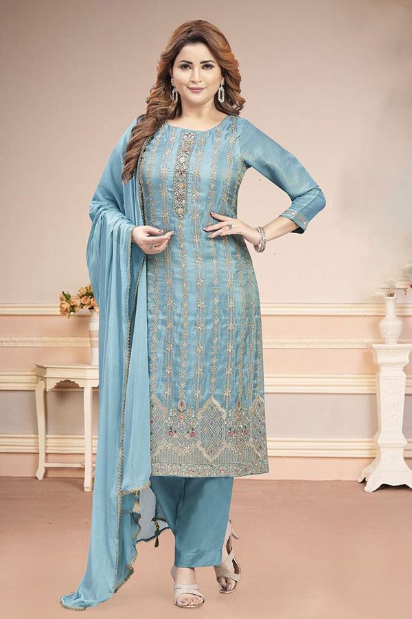 Picture of  Lovely Sky Blue Designer Straight Cut Suit for Sangeet, Party, and Festivals
