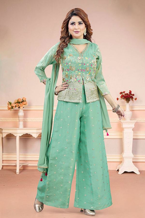 Picture of  Exquisite Pista Green Designer Palazzo Suit for Engagement, Reception, Sangeet, Party, and Festivals