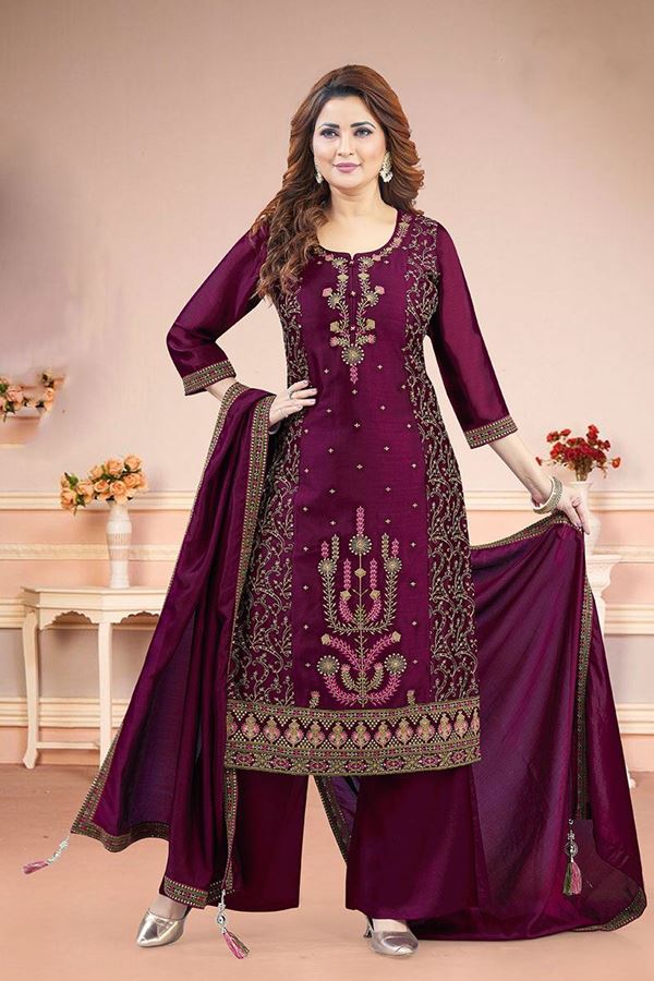 Picture of  Captivating Wine Designer Straight Cut Suit for Wedding, Reception, Sangeet, Party and Festivals