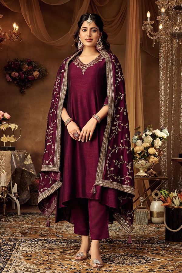 Picture of Gorgeous Wine Dola Silk Designer Anarkali Suit for Wedding, Sangeet, Reception, Party, and Festivals