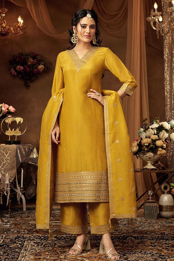 Picture of Artistic Mustard Designer Straight Cut Suit for Party, Festivals, and Haldi