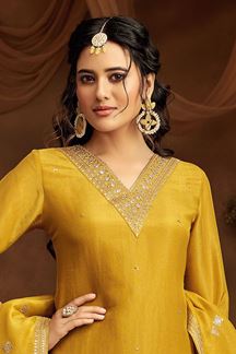 Picture of Artistic Mustard Designer Straight Cut Suit for Party, Festivals, and Haldi