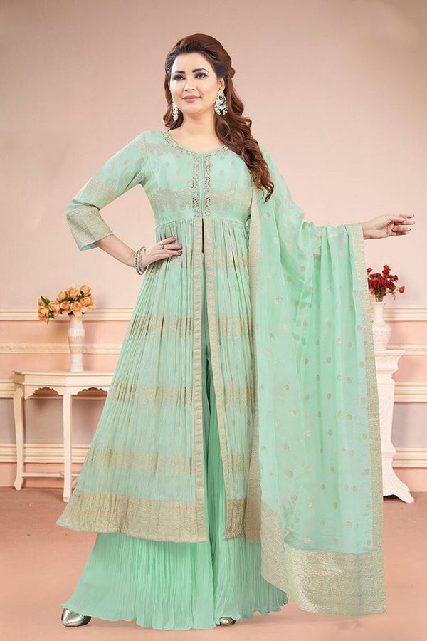 Picture of  Aesthetic Light Green Designer Palazzo Suit for Engagement, Reception, Sangeet, Party, and Festivals