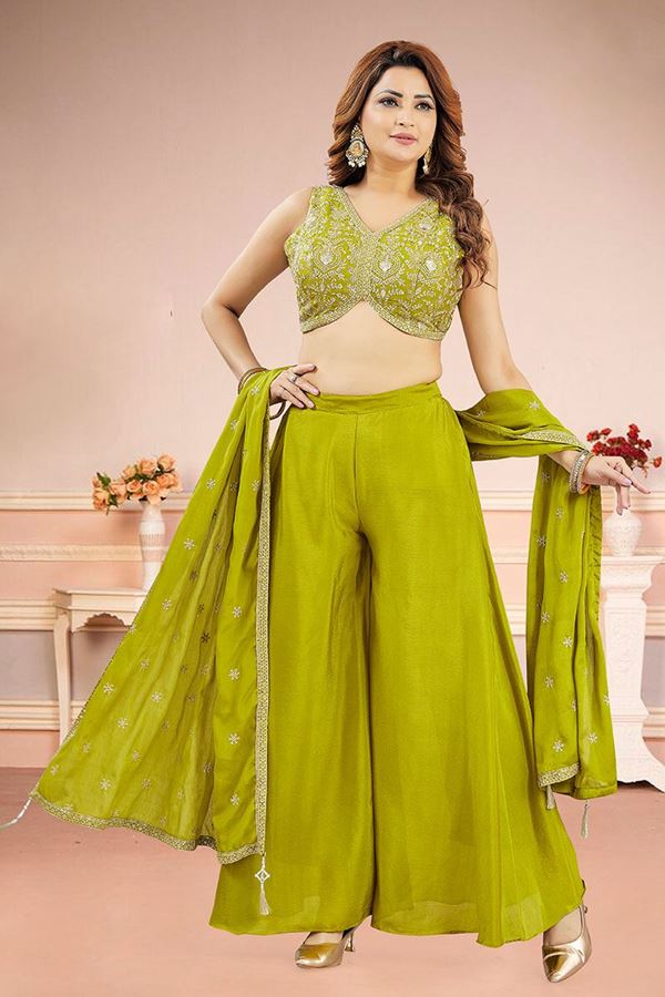 Picture of  Artistic Mehendi Green Designer Palazzo Suit for Mehendi, Reception, Sangeet, and Party