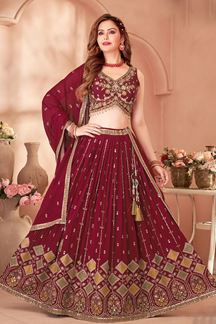 Picture of  Spectacular Maroon Designer Indo-Western Lehenga Choli for Wedding, Pre-Wedding Shoot, and Reception