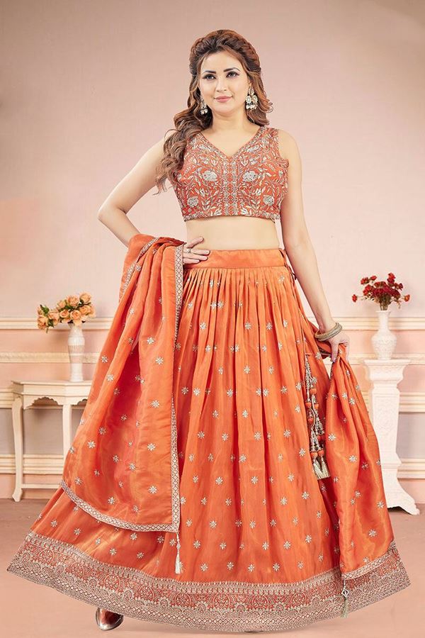 Picture of  Spectacular Coral Designer Indo-Western Lehenga Choli for Engagement, Wedding, Pre-Wedding Shoot, and Reception