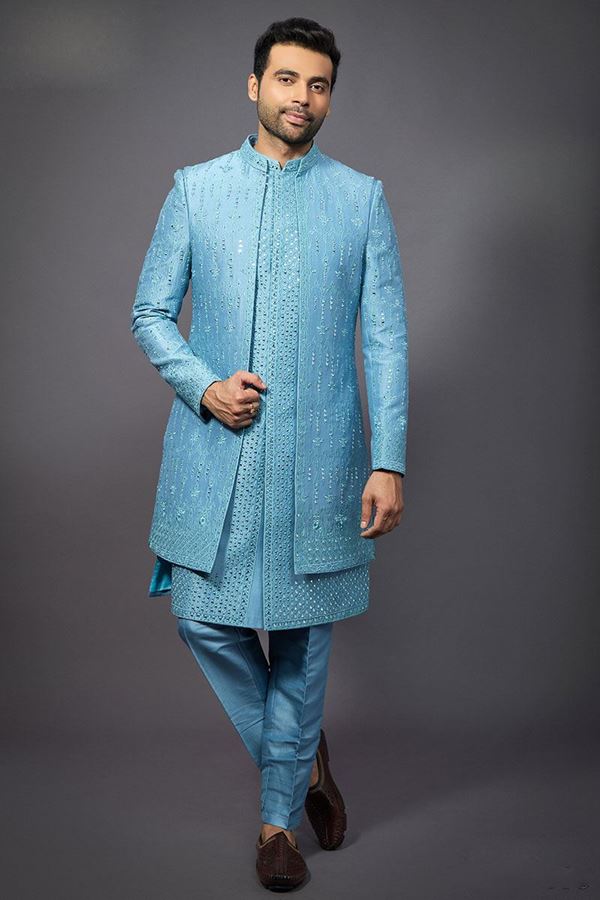 Picture of  Impressive Sky Blue Designer Jodhpuri Suit for Party, Engagement, Wedding, and Reception