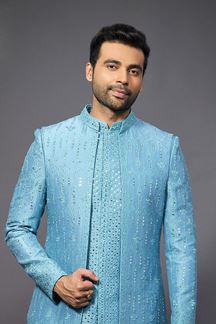 Picture of  Impressive Sky Blue Designer Jodhpuri Suit for Party, Engagement, Wedding, and Reception
