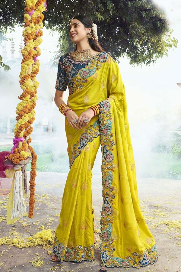 Picture of Fascinating Silk Designer Saree for Haldi, Wedding and Reception