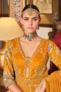 Picture of Flawless Yellow Smooth Silk Designer Anarkali Suit for Party, Haldi, and Festivals