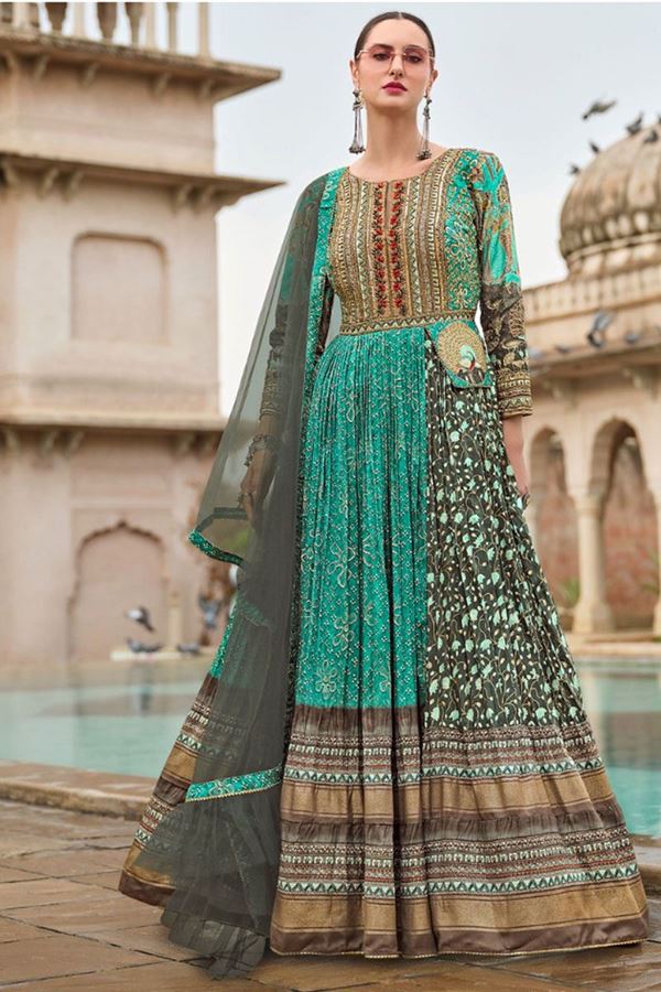 Picture of Creative Sea Green Smooth Silk Designer Anarkali Suit for Party, Sangeet, and Festivals