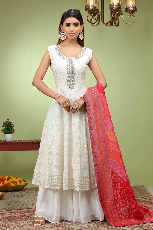 Picture of Gorgeous Off-White Dola Silk Designer Anarkali Suit for Party, Festivals, and Sangeet