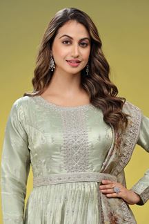 Picture of Impressive Pista Green Dola Silk Designer Anarkali Suit for Engagement and Reception