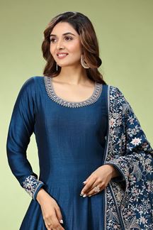 Picture of Irresistible Navy Blue Dola Silk Designer Anarkali Suit for Party and Sangeet