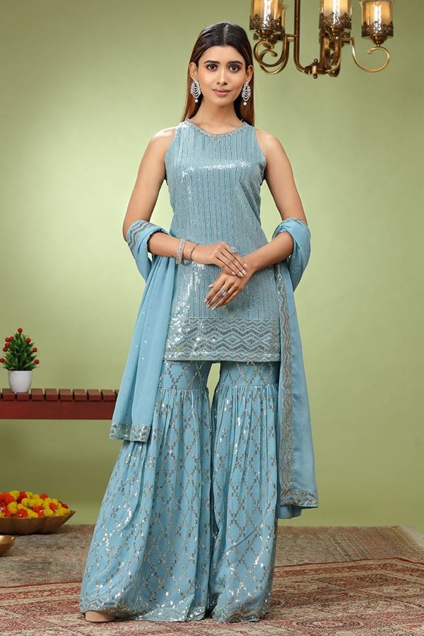 Picture of Alluring Sky Blue Designer Gharara Suit for Engagement, Sangeet, Party, and Festivals