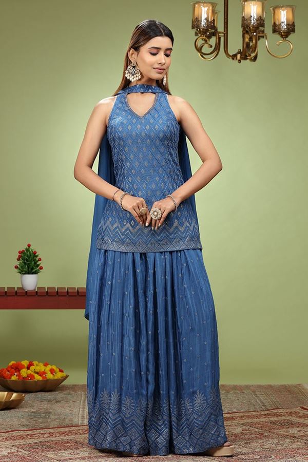 Picture of Appealing Blue Designer Indo-Western Lehenga Choli for Sangeet and Party