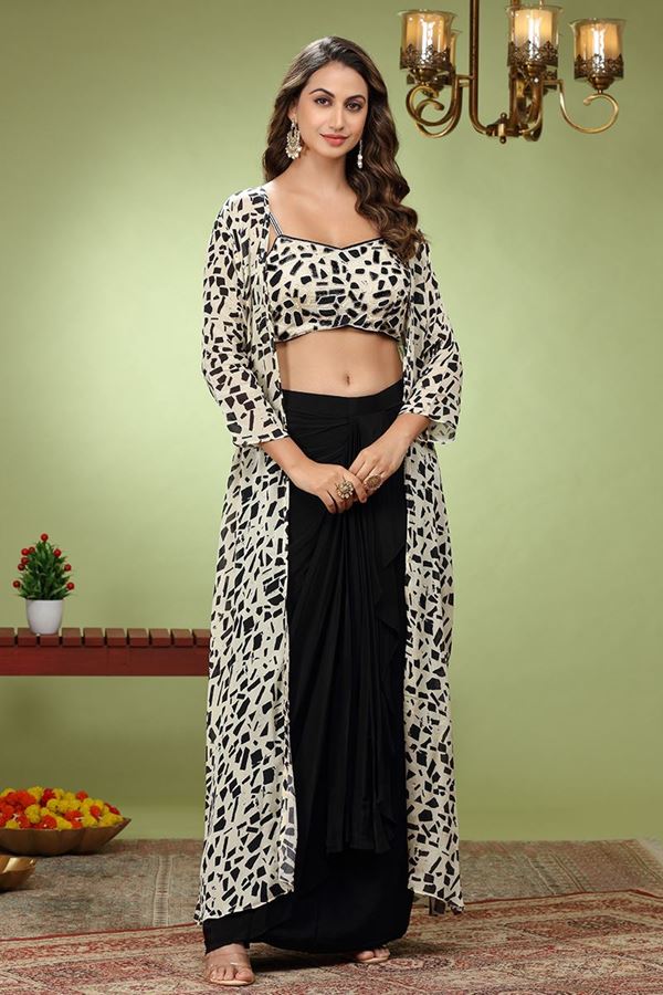 Picture of Surreal White and Black Designer Indo-Western Lehenga Choli for Party