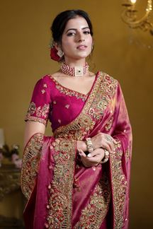 Picture of Lovely Zari Organza Silk Designer Saree for Wedding, Engagement, and Reception