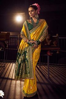 Picture of Delightful Pure Viscose Dola Silk Designer Saree for Haldi, Wedding, and Festivals