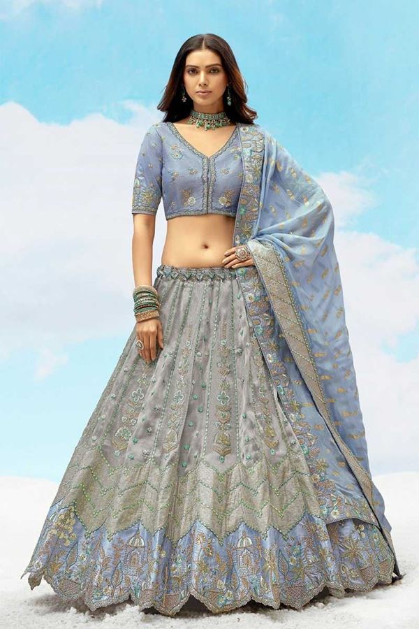 Picture of Fascinating Grey and Blue Designer Wedding Lehenga Choli for Engagement, Sangeet, Party, and Reception