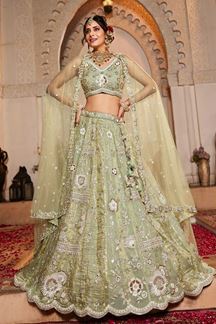 Picture of Attractive Lime Green Designer Indo-Western Lehenga Choli for Engagement, Sangeet, and Reception