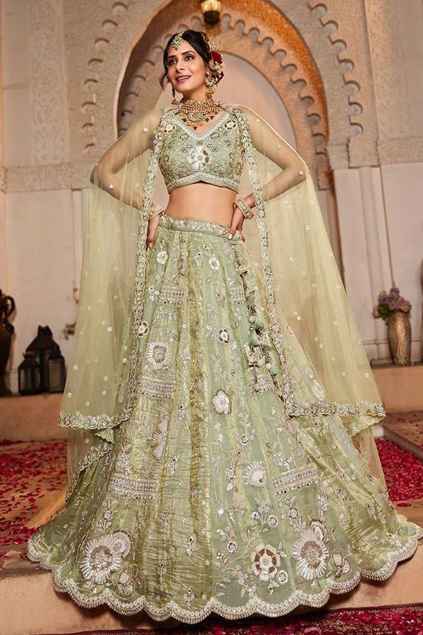 Picture of Attractive Lime Green Designer Indo-Western Lehenga Choli for Engagement, Sangeet, and Reception