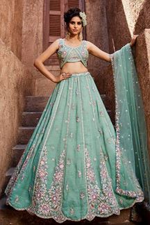 Picture of Heavenly Sea Green Designer Indo-Western Lehenga Choli for Engagement, Sangeet, and Reception