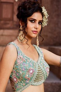 Picture of Heavenly Sea Green Designer Indo-Western Lehenga Choli for Engagement, Sangeet, and Reception
