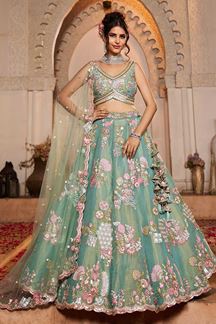 Picture of Astounding Sea Green Designer Indo-Western Lehenga Choli for Engagement, Sangeet, and Reception