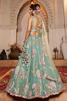 Picture of Astounding Sea Green Designer Indo-Western Lehenga Choli for Engagement, Sangeet, and Reception