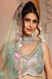 Picture of Astounding Sea Green Designer Indo-Western Lehenga Choli for Engagement, Sangeet, and Reception