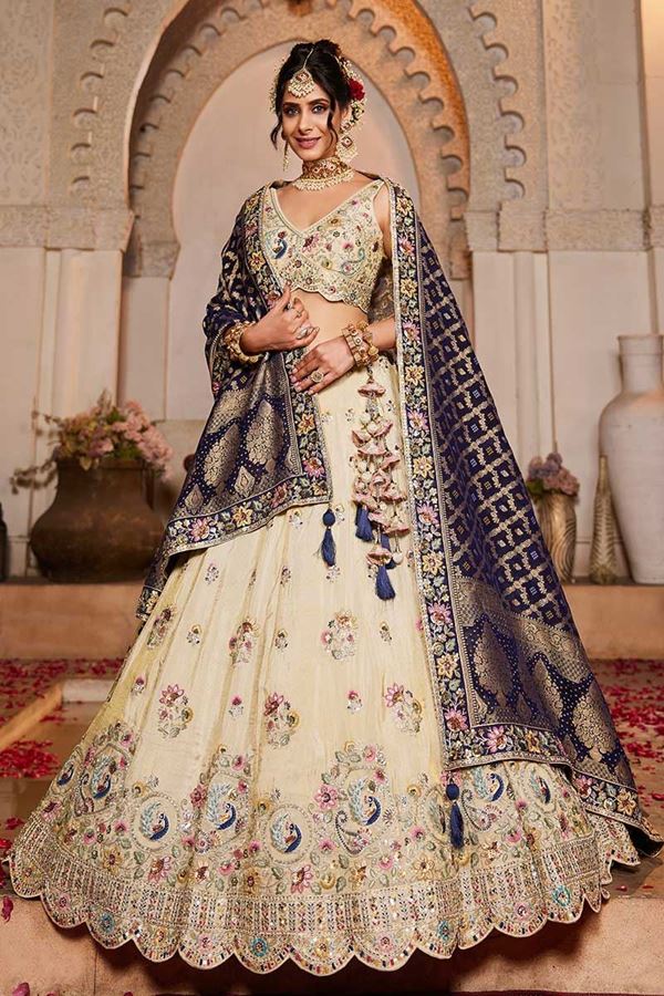 Picture of Glorious Cream Designer Indo-Western Lehenga Choli for Engagement, Sangeet, and Reception