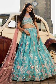 Picture of Appealing Turquoise Blue Designer Indo-Western Lehenga Choli for Wedding, Sangeet, Party, and Reception