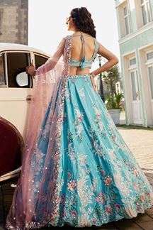 Picture of Appealing Turquoise Blue Designer Indo-Western Lehenga Choli for Wedding, Sangeet, Party, and Reception